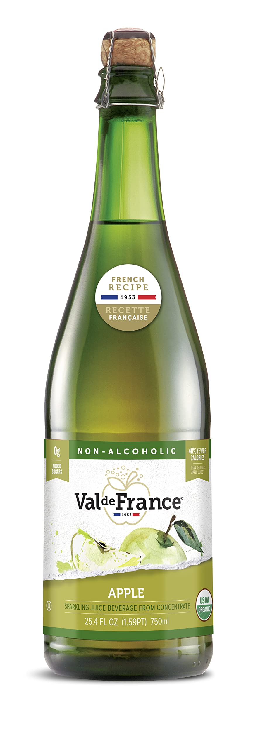 Val de France, Non-Alcoholic, Reduced Calorie, Organic and OU Kosher Sparkling Juice (Apple), 25.4 Fl Oz (1 bottle)