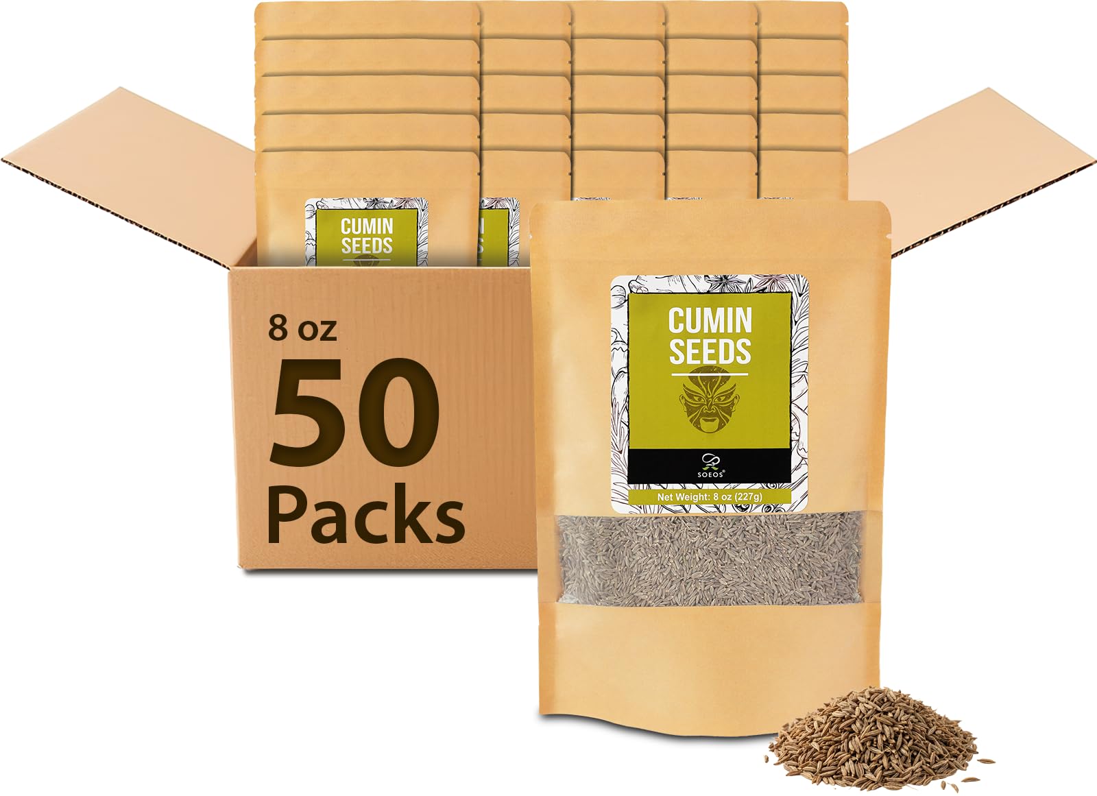 Soeos Cumin Seeds Pack of 50 (227g*50) - Whole Cumin Powder - Resealable Bag - Rich & Premium Flavor for Chili, Tacos, Curries