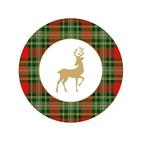 Caspari Reindeer Tartan Red Paper Salad & Dessert Plates - includes 8 Paper Salad & Dessert Plates