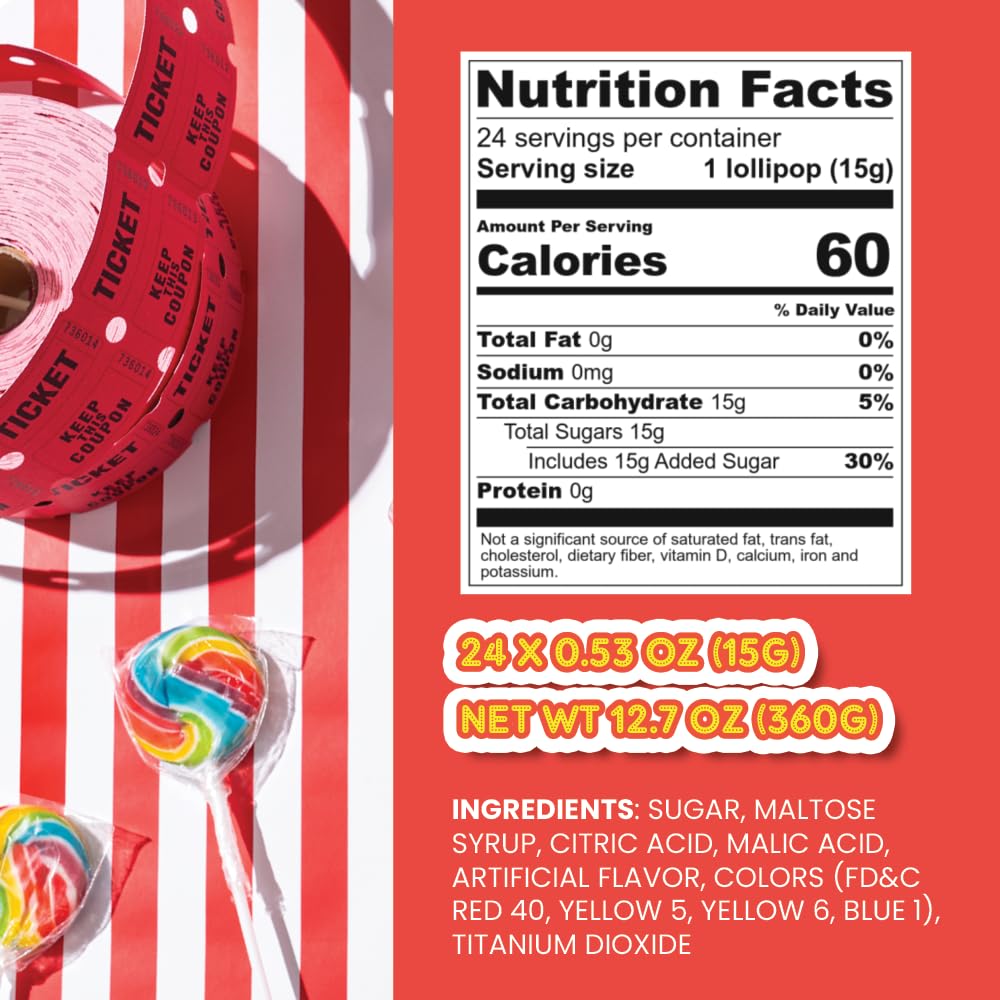 24 Circus Rainbow Lollipops Individually Wrapped, Bursting with Fruity Flavor, Great Swirl Lollipops for Kids Birthday Parties, Party Favor Candy