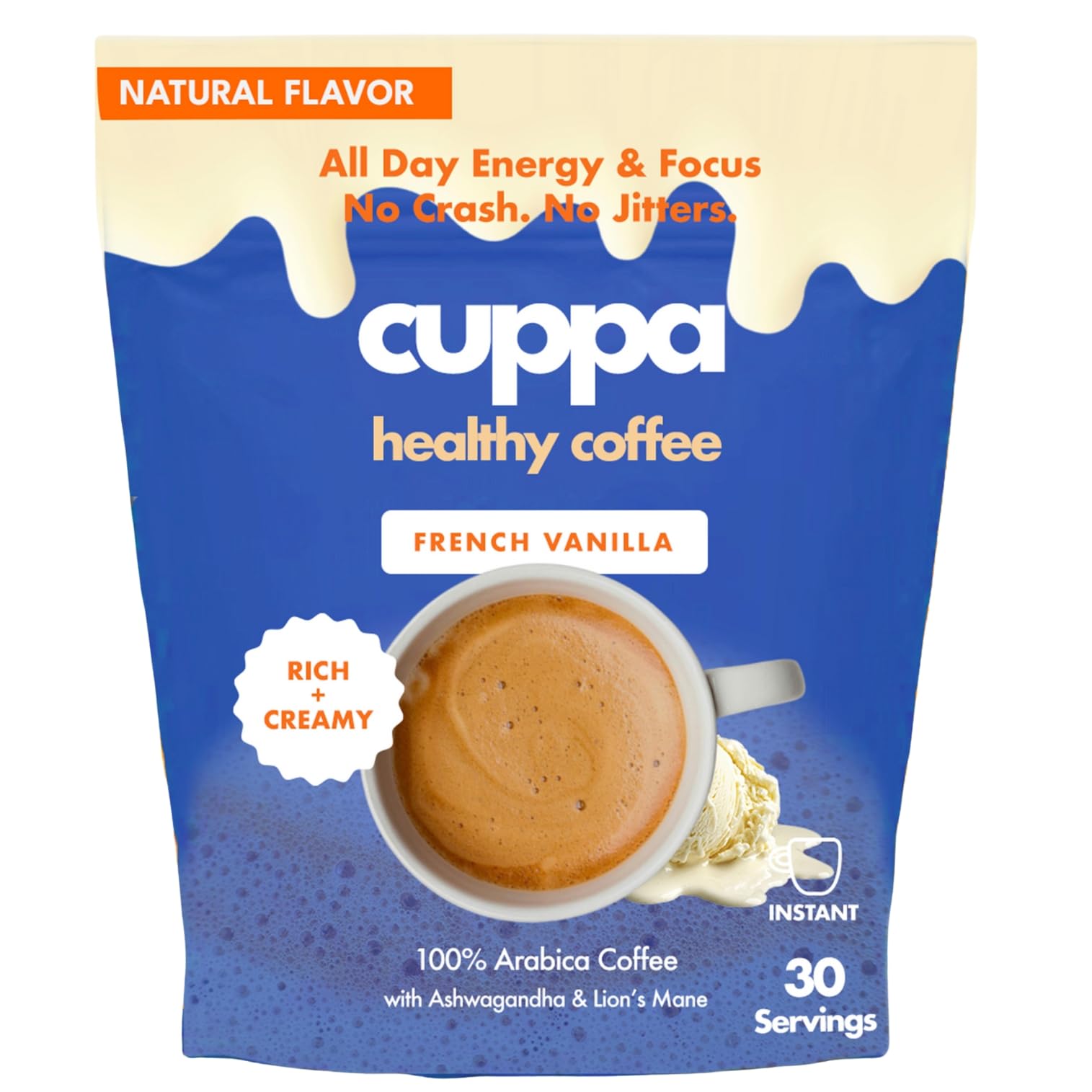 Cuppa French Vanilla Coffee - Great tasting medium roast with mushrooms, adaptogens & superfoods - Lion's Mane, Ashwagandha, Cordyceps, MCT, Prebiotic