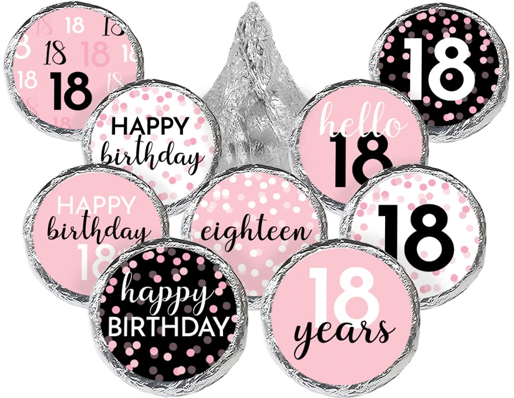 Pink, Black, and White 18th Birthday Party Favor Chocolate Kisses Candy Stickers - 180 Count, 18th Birthday Decorations for Girls Pink