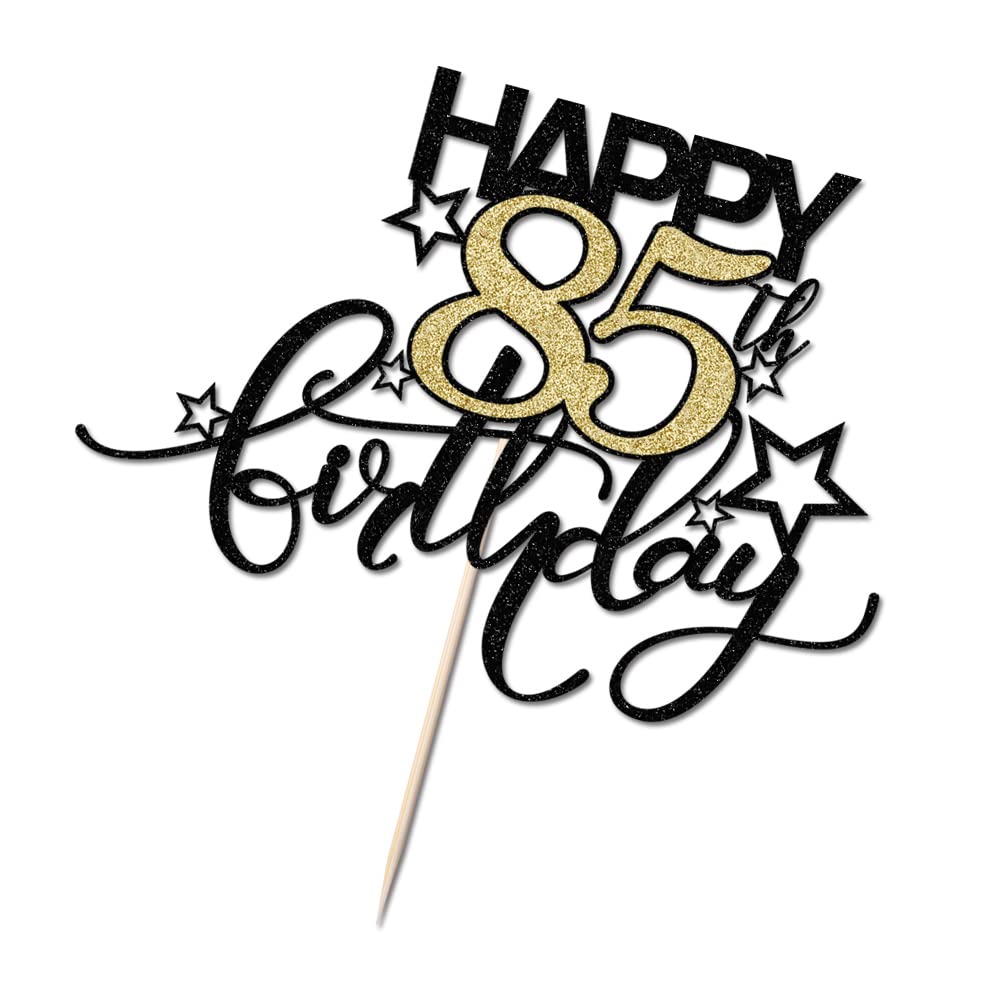 Bekaterea Happy Birthday Cake Topper,Black font Golden Numbers 85th Birthday Cake Decoration?Hello 85, Cheers to 85 Years/85th Anniversary ?85