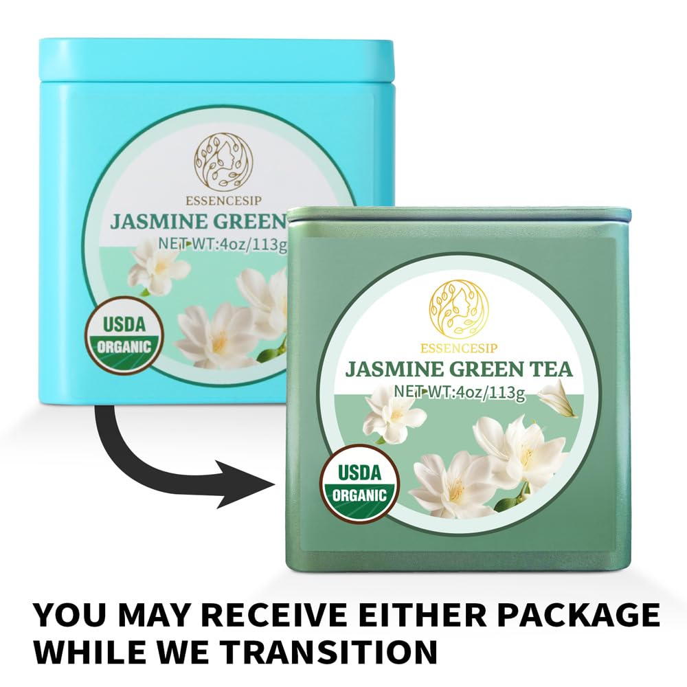 Essencesip Organic Jasmine Green Tea Loose Leaf, 4oz Tin - Scented 5x with 6,000 Fresh Jasmine Blossoms, Low Caffeine, Antioxidant-Rich
