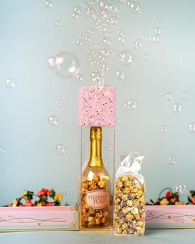 Birthday Floral Bubble Box with Chocolate Popcorn by Send A Cake, Ready to Gift, No Assembly Required - Unique Happy Birthday Gift for Women, Men