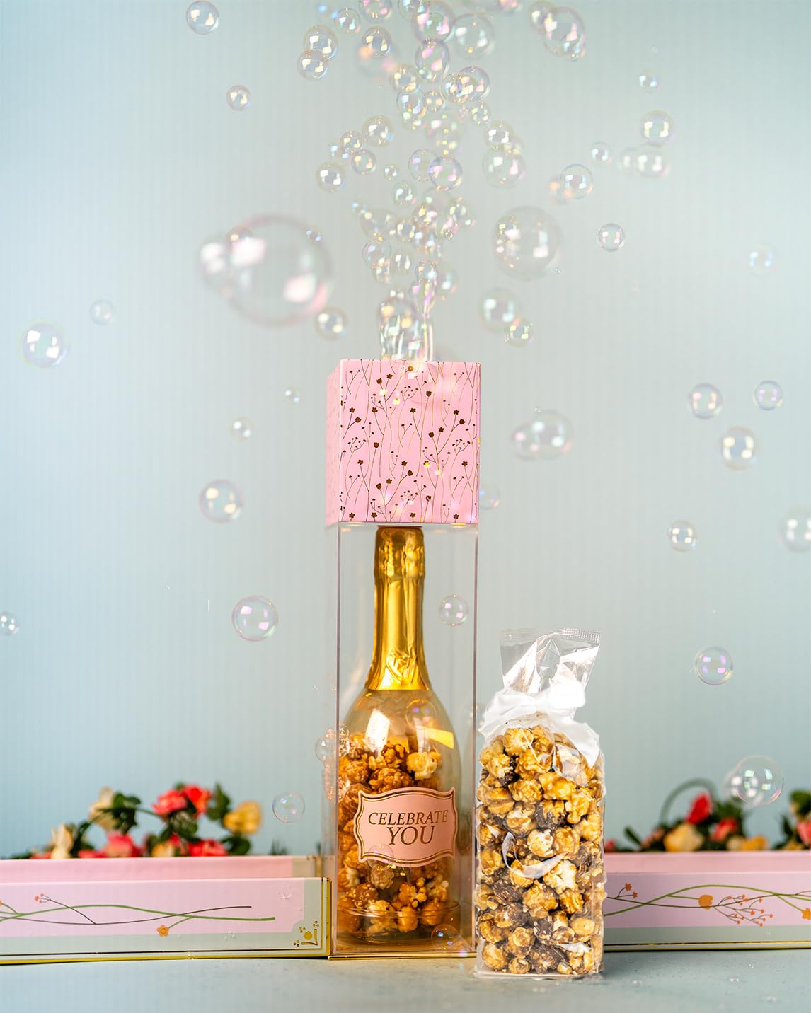 Birthday Floral Bubble Box with Chocolate Popcorn by Send A Cake, Ready to Gift, No Assembly Required - Unique Happy Birthday Gift for Women, Men