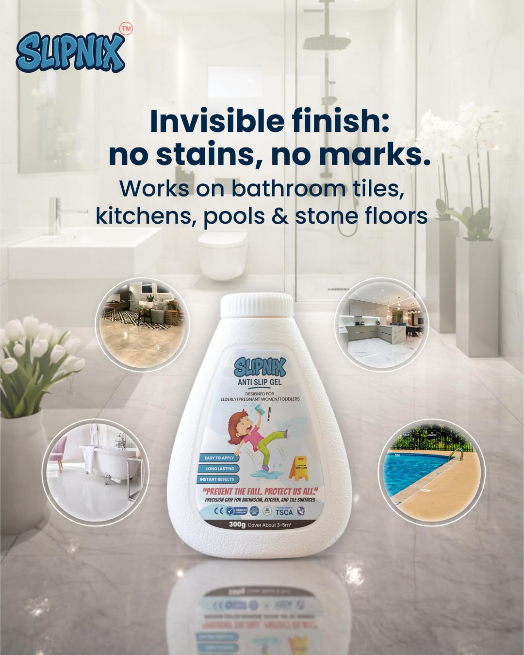 Slipnix 300g Anti Slip Gel - Clear Non-Slip Coating for Bathroom, Kitchen & Pool Floors - Slip Prevention & Fall Protection - Easy Application