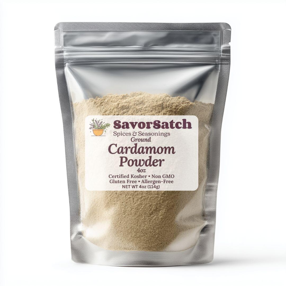 SavorSatch Ground Cardamom Powder - 4 oz Stand-Up Resealable Pouch | Fresh Green Cardamom | Certified Kosher, Non-GMO | Aromatic Spice for Baking