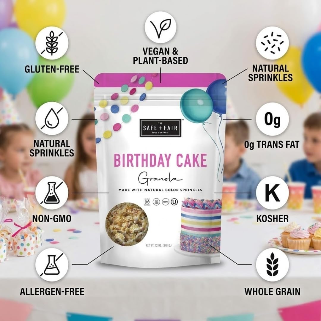 Safe And Fair Food Company Granola Birthday Cake 12 oz - Granola Mix - Organic Cereal - Kind Granola-Cereal Alternative - Pack of 6