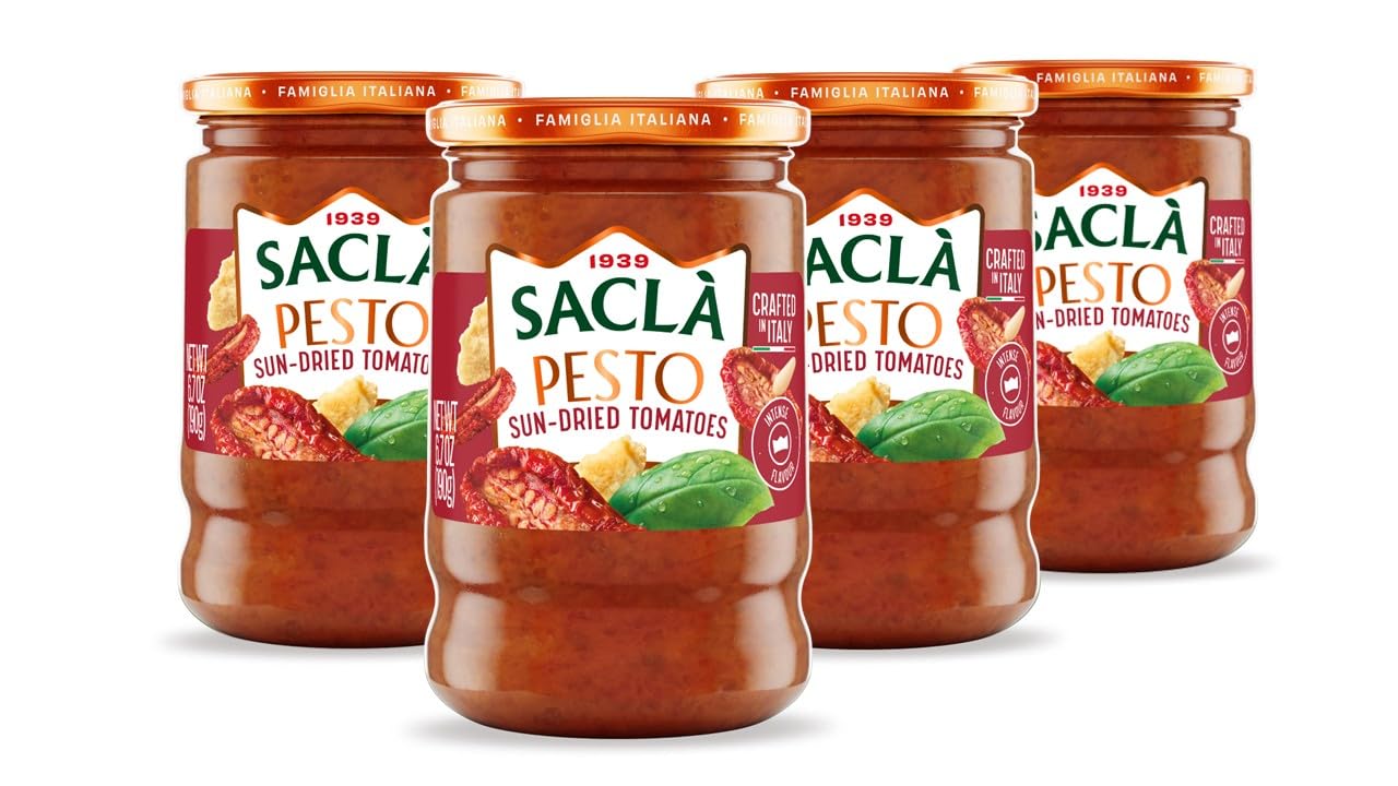 SACLA Sundried Tomato Pesto 4-Pack | Authentic Imported Sun-Dried Tomatoes and Italian Cheese Sauce | FOUR 6.7 oz Glass Jars | Non-GMO | Made in Italy