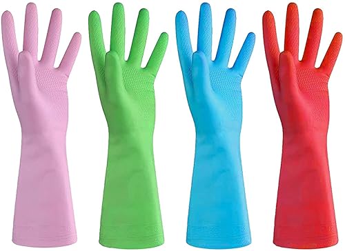 URBANSEASONS Dishwashing Rubber Gloves for Cleaning - 4 Pairs Household Gloves Including Blue, Pink, Green and Red, Non Latex and Fit Your Hands Well