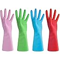 URBANSEASONS Dishwashing Rubber Gloves for Cleaning - 4 Pairs Household Gloves Including Blue, Pink, Green and Red, Non Latex and Fit Your Hands Well