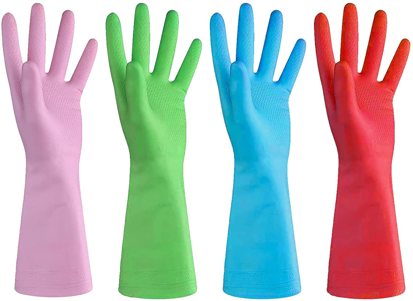 URBANSEASONS Dishwashing Rubber Gloves for Cleaning - 4 Pairs Household Gloves Including Blue, Pink, Green and Red, Non Latex and Fit Your Hands Well