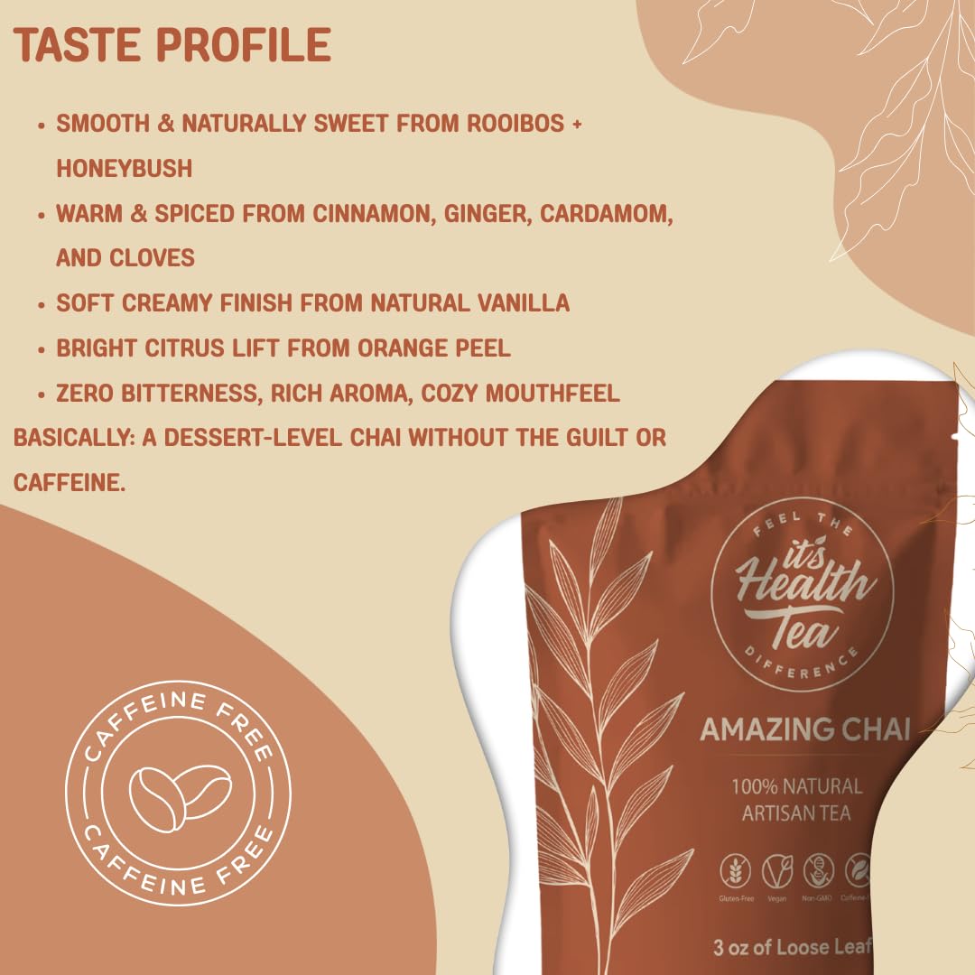 Amazing Chai Herbal Tea - Rooibos, Cinnamon, Ginger, Cardamom & Cloves - Caffeine-Free Spiced Blend for Digestive Comfort & Calm Balance - 3 oz Loose