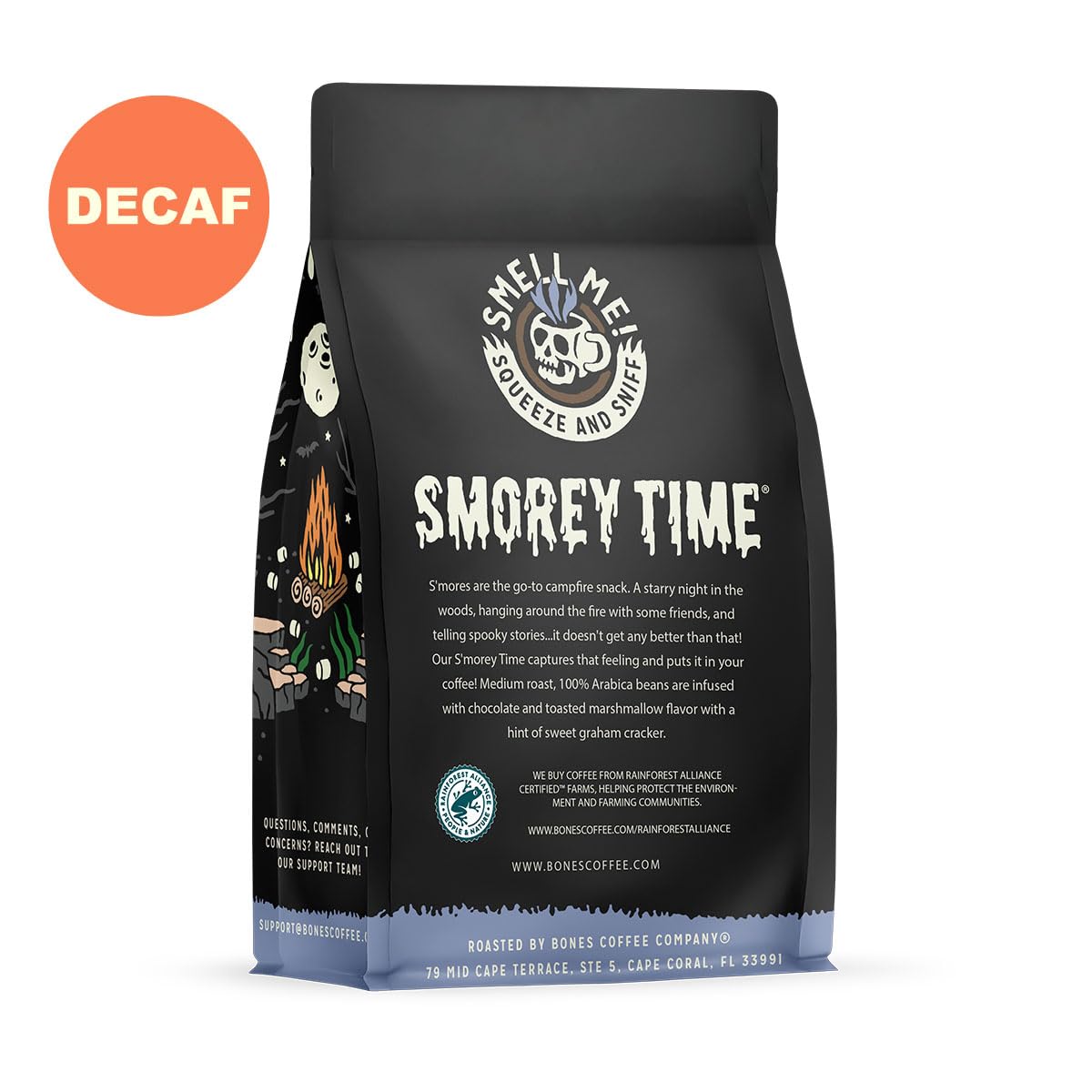 Bones Coffee Company Decaf S'morey Time, S'mores and Graham Crackers Decaffeinated Flavored Coffee, Medium Roast Low Acid Arabica Beans For Auto drip