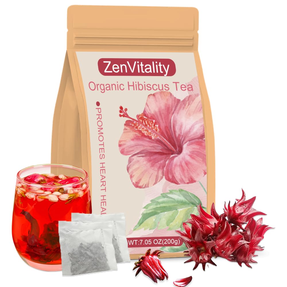 ZenVitality Premium Hibiscus Tea Organic 100 tea bags/7.05 Oz 100% Pure Dried Hibiscus Flower Supports Your Cardiovascular System/Liver health/Blood