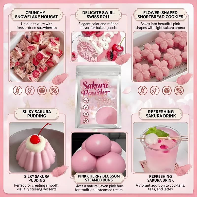Organic Sakura Powder - Premium Cherry Blossom Powder for Baking, Lattes, Smoothies & Ice Cream - Natural Pink Food Coloring, Caffeine-Free Matcha