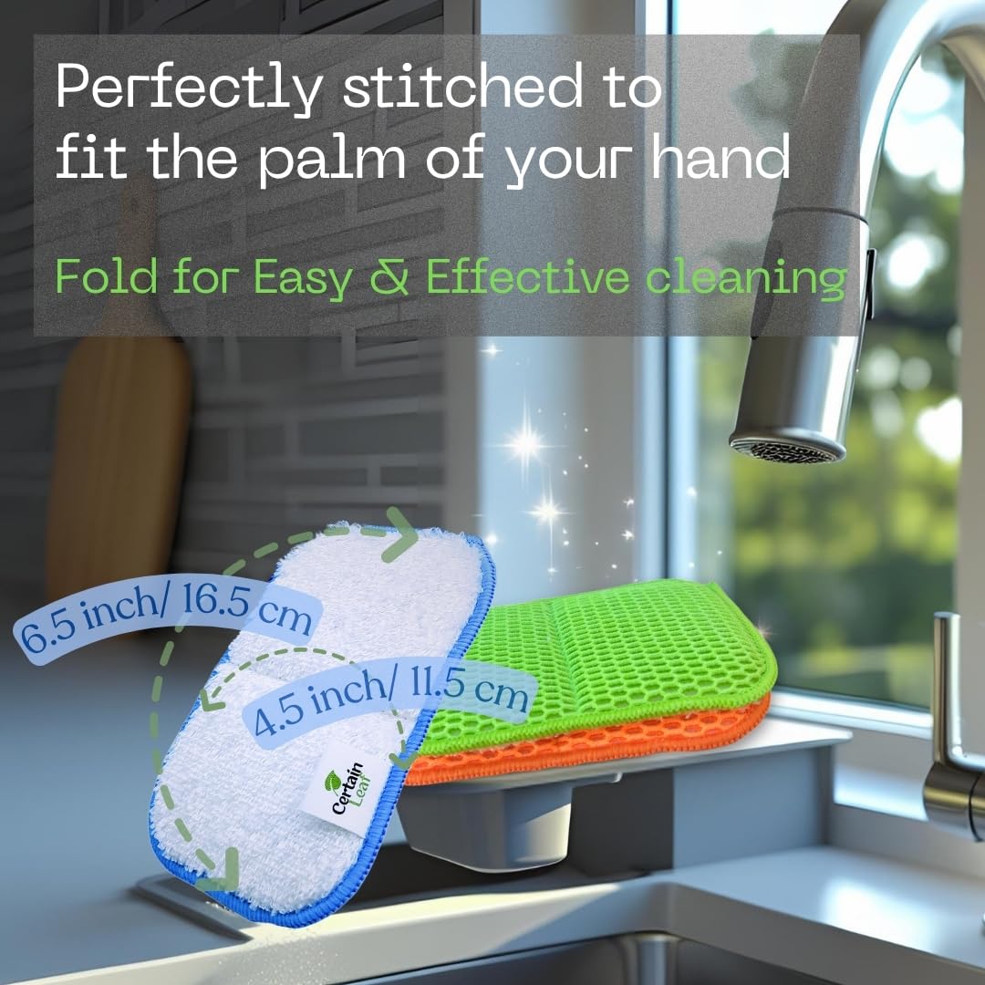 Certain Leaf Foldable Dish Sponge - Thin Dual-Sided with Mesh Scrubber and Rayon derived from Bamboo Reusable Non-Scratch Kitchen Sponge