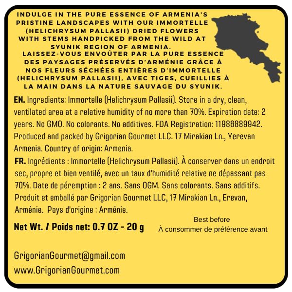 Immortelle (Helichrysum Pallasii) 0.7 OZ (20g) Dried Flowers with Short Stems, Loose Herbal Tea | Wild-Harvested from the Mountains of Armenia |