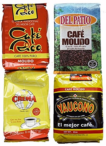 Puerto Rican Variety Pack Ground Coffee - 4 Local Favorites in 8 Ounce Bags V.3 (2 Pound Total) Includes 2 Envelopes Of Sason Accent