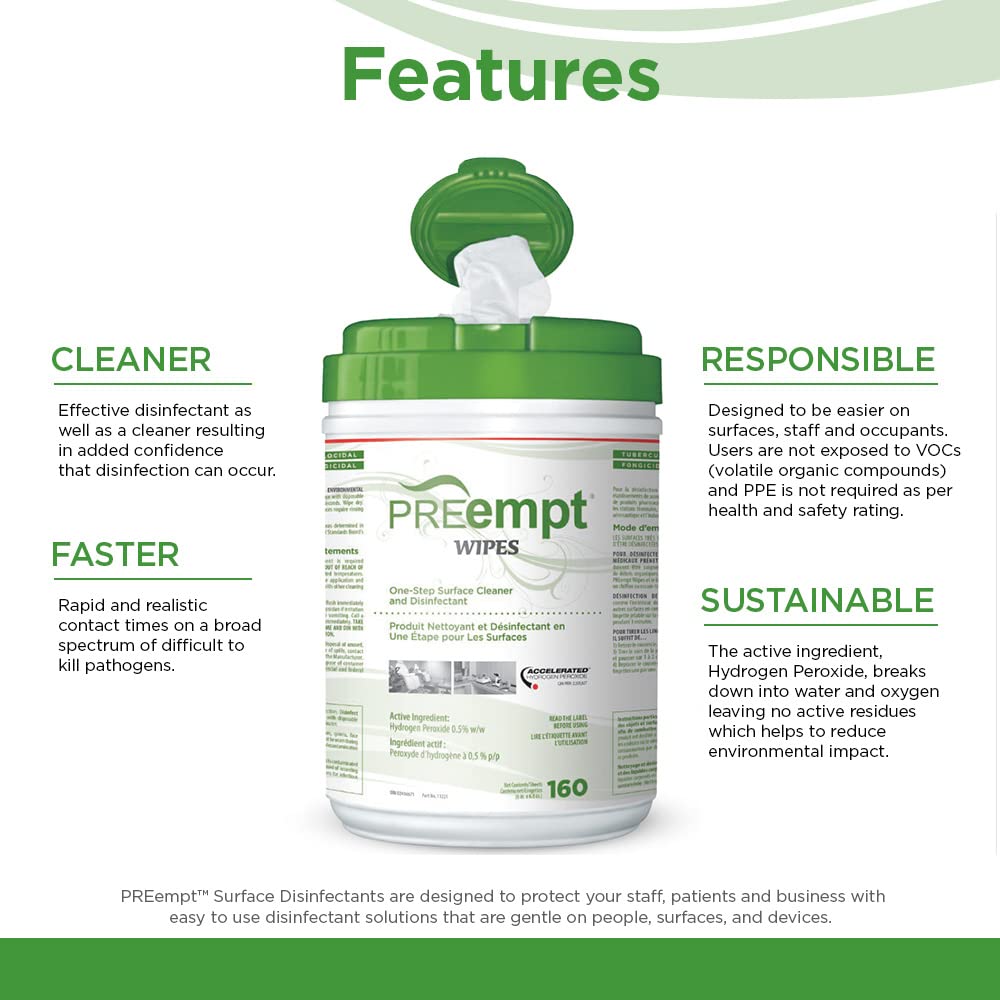 PreEmpt Wipes, 160 Count, Hospital Grade One-Step Surface Cleaner, and Disinfectant