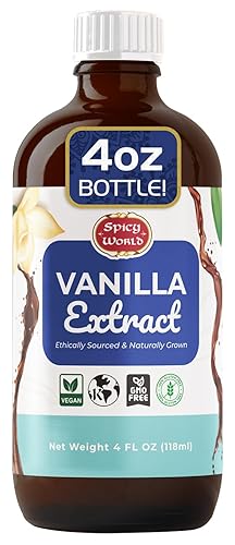Spicy World Pure Vanilla Extract 4oz - 100% Real Vanilla Extract - Made from Grade B Vanilla Beans - For Cooking, Drinks & Desserts - 100% Vegan