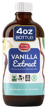 Spicy World Pure Vanilla Extract 4oz - 100% Real Vanilla Extract - Made from Grade B Vanilla Beans - For Cooking, Drinks & Desserts - 100% Vegan