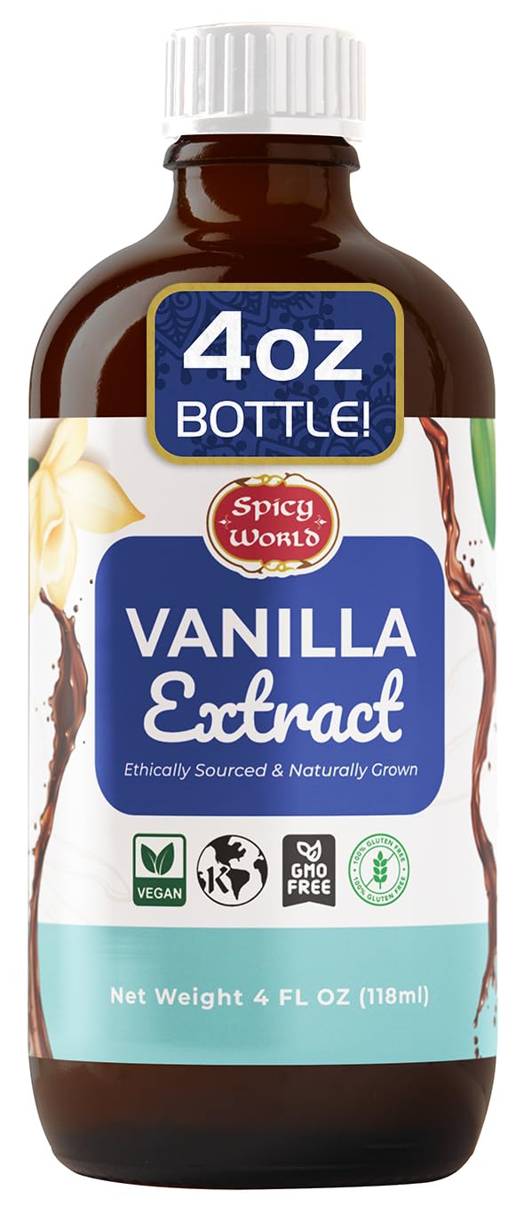 Spicy World Pure Vanilla Extract 4oz - 100% Real Vanilla Extract - Made from Grade B Vanilla Beans - For Cooking, Drinks & Desserts - 100% Vegan