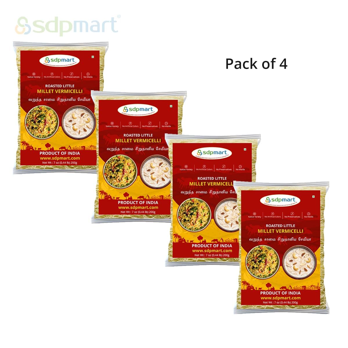 SDPMart Roasted Little Millet Vermicelli | Pack of 4 | 7 oz (200g ) each | Native Variety | No Maida | No Preservatives |