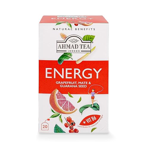 Ahmad Tea Herbal Tea, Grapefruit, Mate, Guarana Seed, & Vitamin B6 'Energy' Natural Benefits Teabags, 20 ct (Pack of 6) - Caffeinated & Sugar-Free