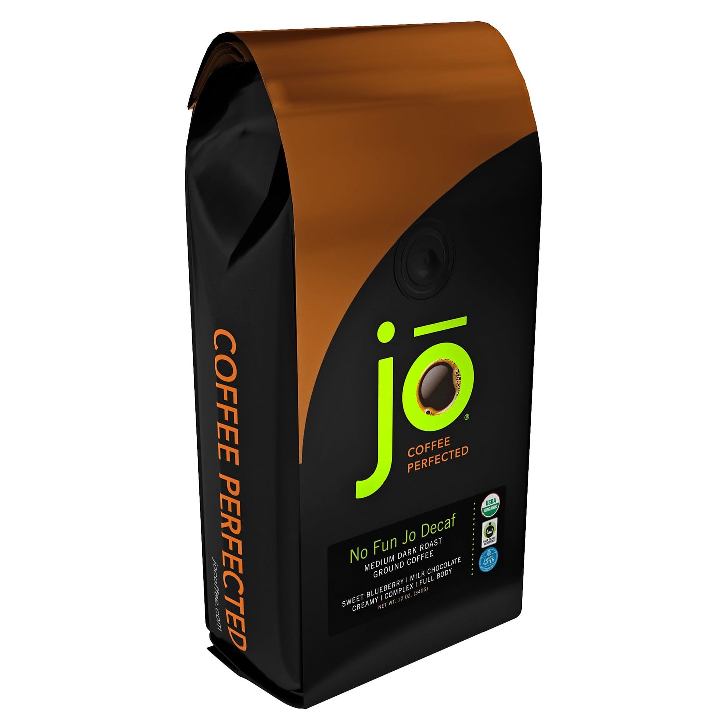 NO FUN JO DECAF: 12 oz, Organic Decaf Ground Coffee, Swiss Water Process, Fair Trade Certified, Medium Dark Roast, 100% Arabica Coffee, USDA Certified