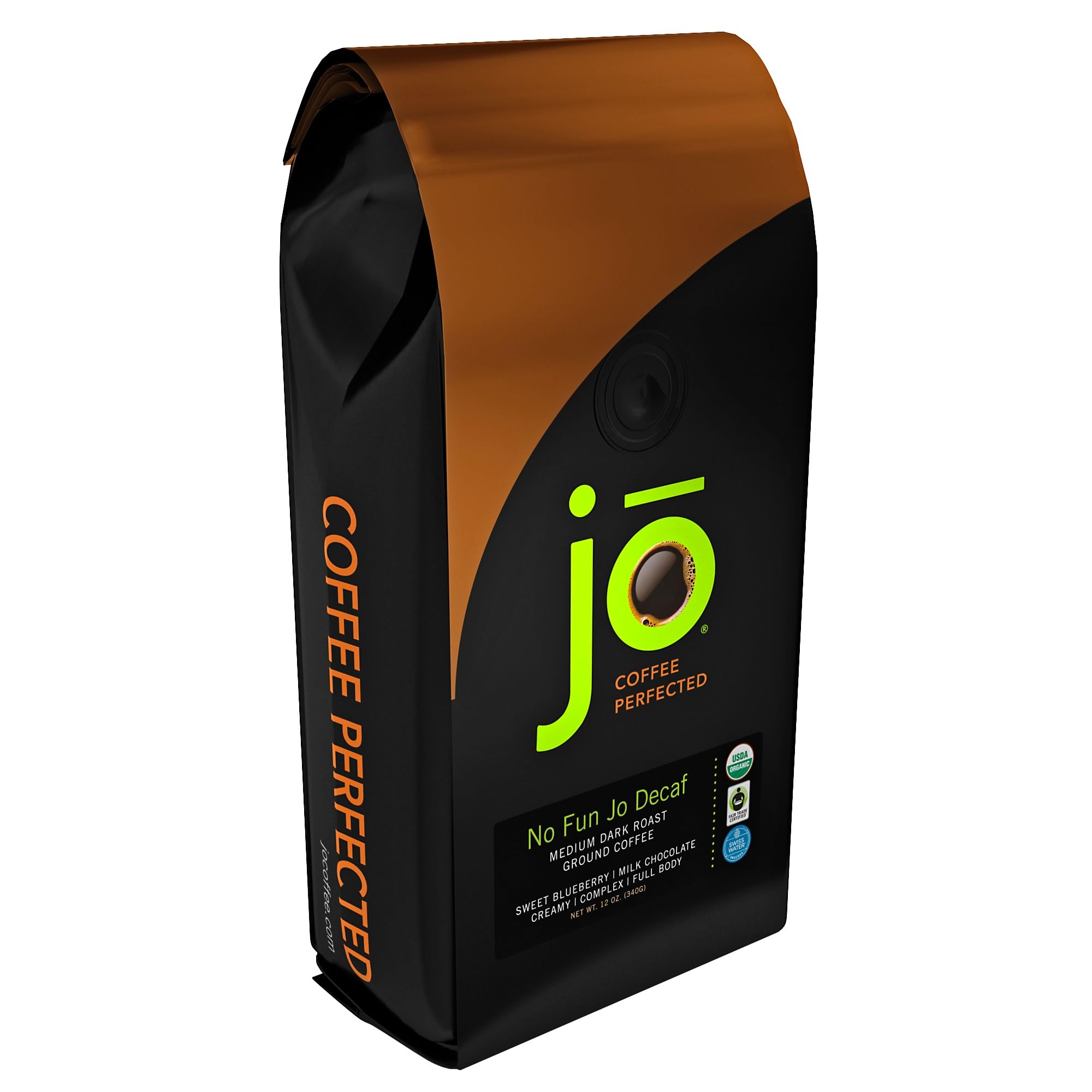 NO FUN JO DECAF: 12 oz, Organic Decaf Ground Coffee, Swiss Water Process, Fair Trade Certified, Medium Dark Roast, 100% Arabica Coffee, USDA Certified