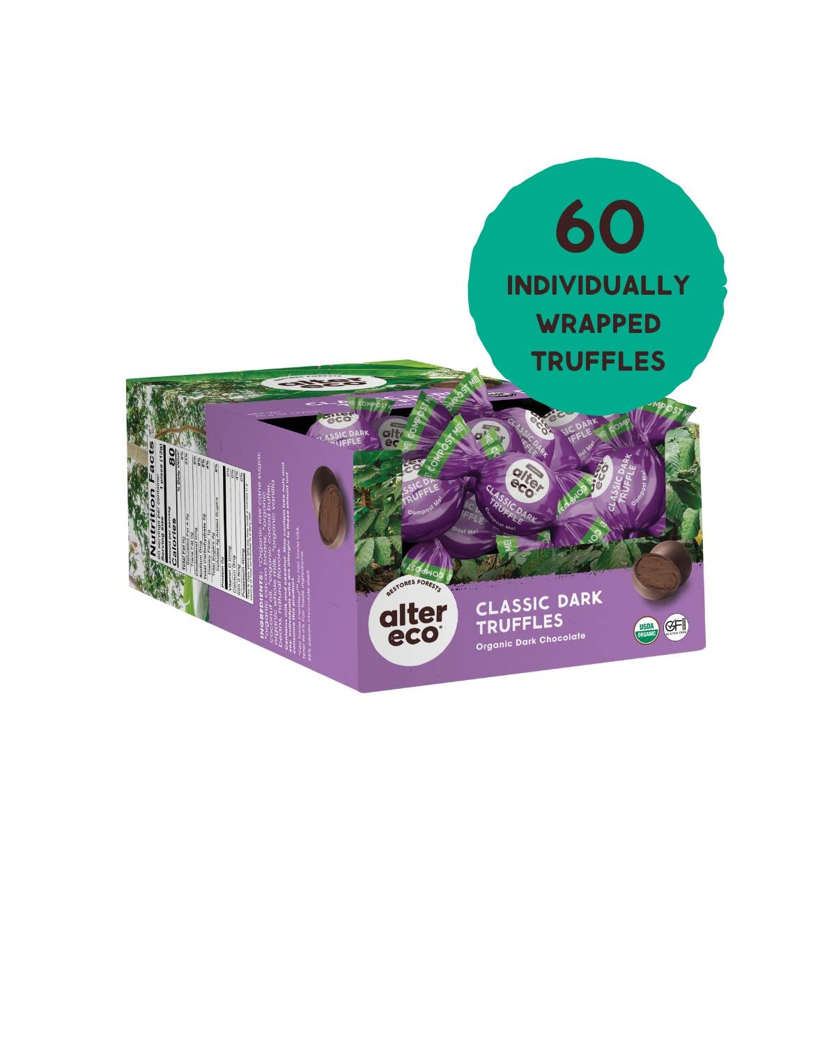 Alter Eco |Classic Dark Chocolate Truffles | Pure Dark Cocoa, Fair Trade, Organic, Non-GMO, Gluten Free Dark Chocolate Truffles | 60 Truffles