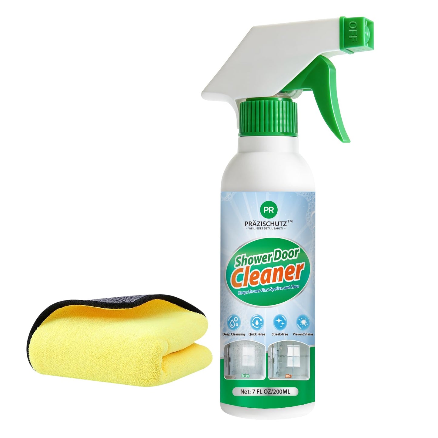 PRAZISCHUTZ Streak-Free Bathroom Glass Cleaner Spray, Instant Shine on Mirrors, Tiles & Shower Doors, Removes Limescale, Soap Scum & Oil Film, No