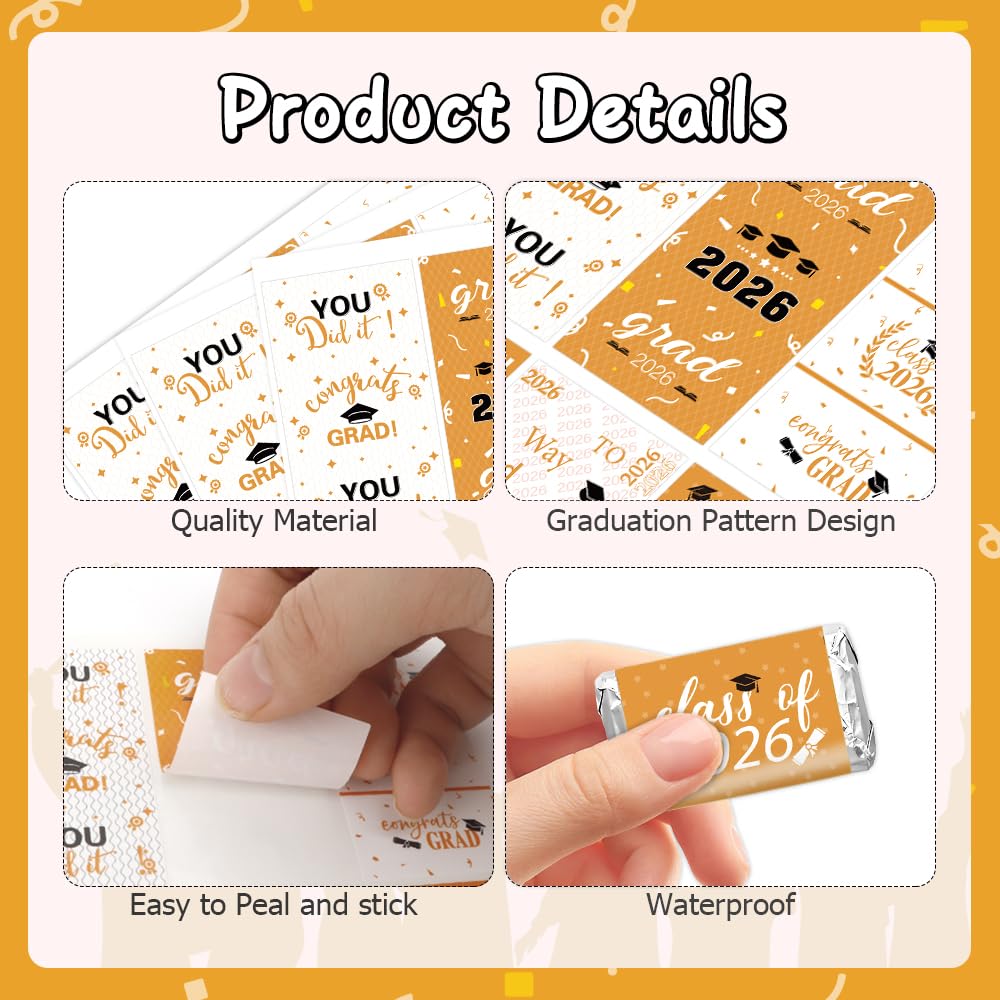 Graduation Party Decorations 2026 Graduation Label Stickers, 120PCS Congrats Grad Mini Gold White Candy Wrapper Class Of 2026 Chocolate Bar Stickers