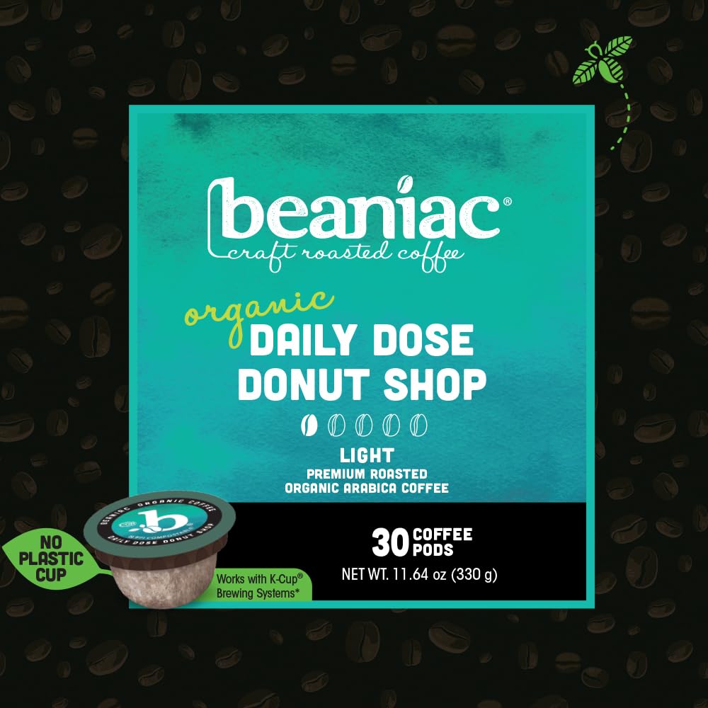 beaniac Organic Daily Dose Donut Shop, Light Roast, Single Serve Compostable K Cup Coffee Pods, Organic Arabica Coffee, Keurig Brewer Compatible, 30