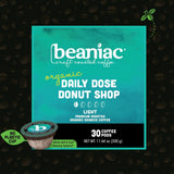 beaniac Organic Daily Dose Donut Shop, Light Roast, Single Serve Compostable K Cup Coffee Pods, Organic Arabica Coffee, Keurig Brewer Compatible, 30