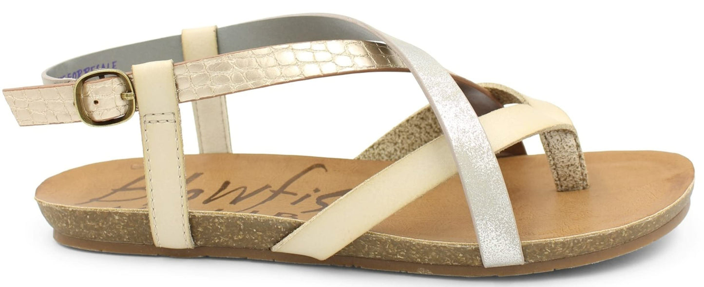 Blowfish Malibu Women's Granola Flat Sandal, Gold Dile/Silvermoon/White, 7 M US