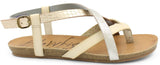 Blowfish Malibu Women's Granola Flat Sandal, Gold Dile/Silvermoon/White, 7 M US