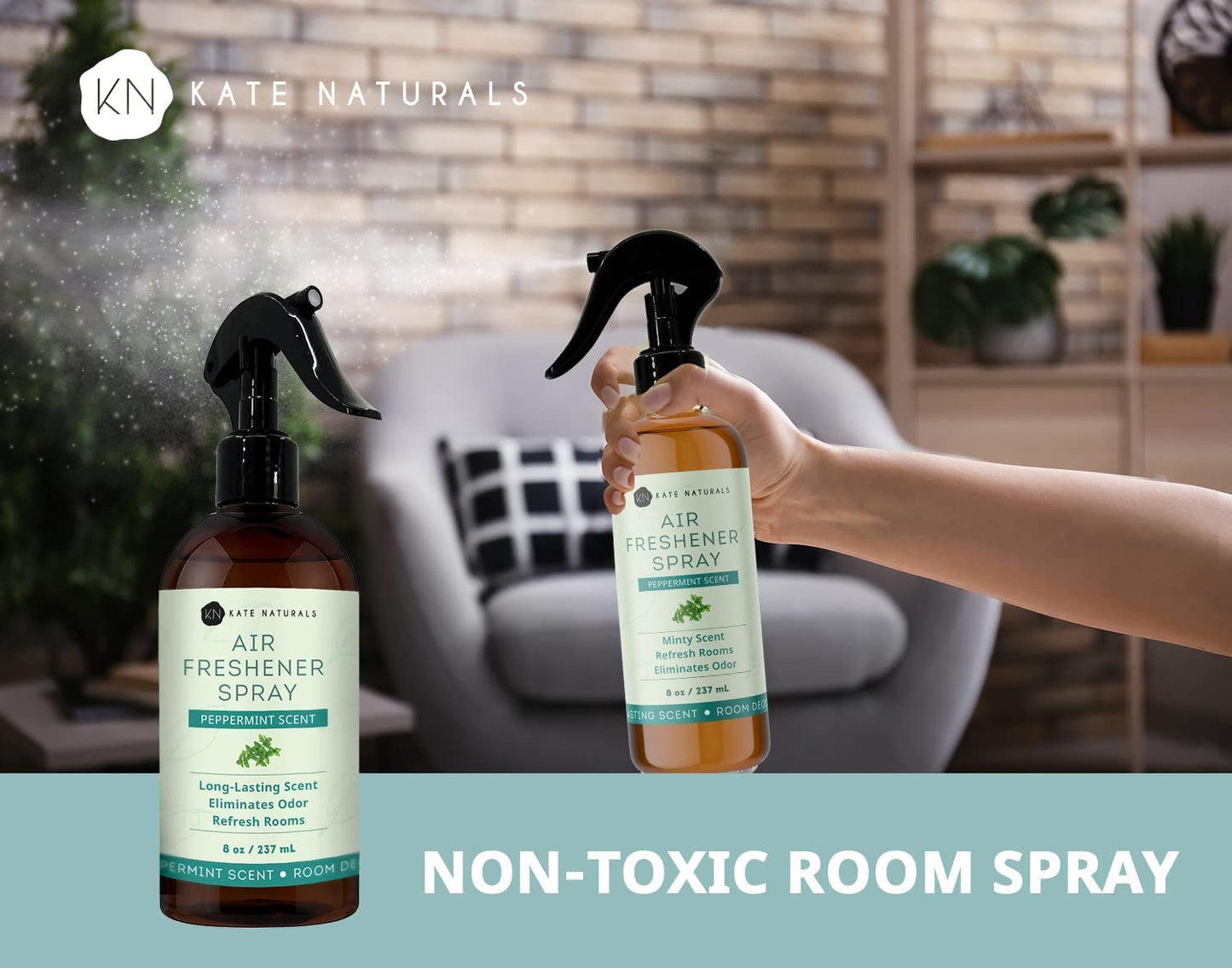 Kate Naturals Peppermint Air Freshener Spray for Room & Car with Natural Mint. Odor Eliminator Peppermint Spray for Bathroom & Linen (8 fl oz, Pet