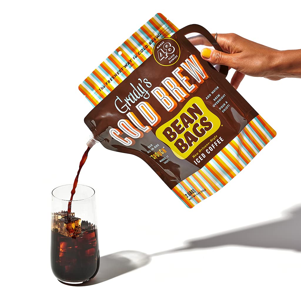 GRADY’S COLD BREW, New Orleans Style, 100% Arabica Ground Coffee & Chicory Pouches, All-in-One Cold Brew Mini Kit with 2 Easy-to-Brew Beans Bags