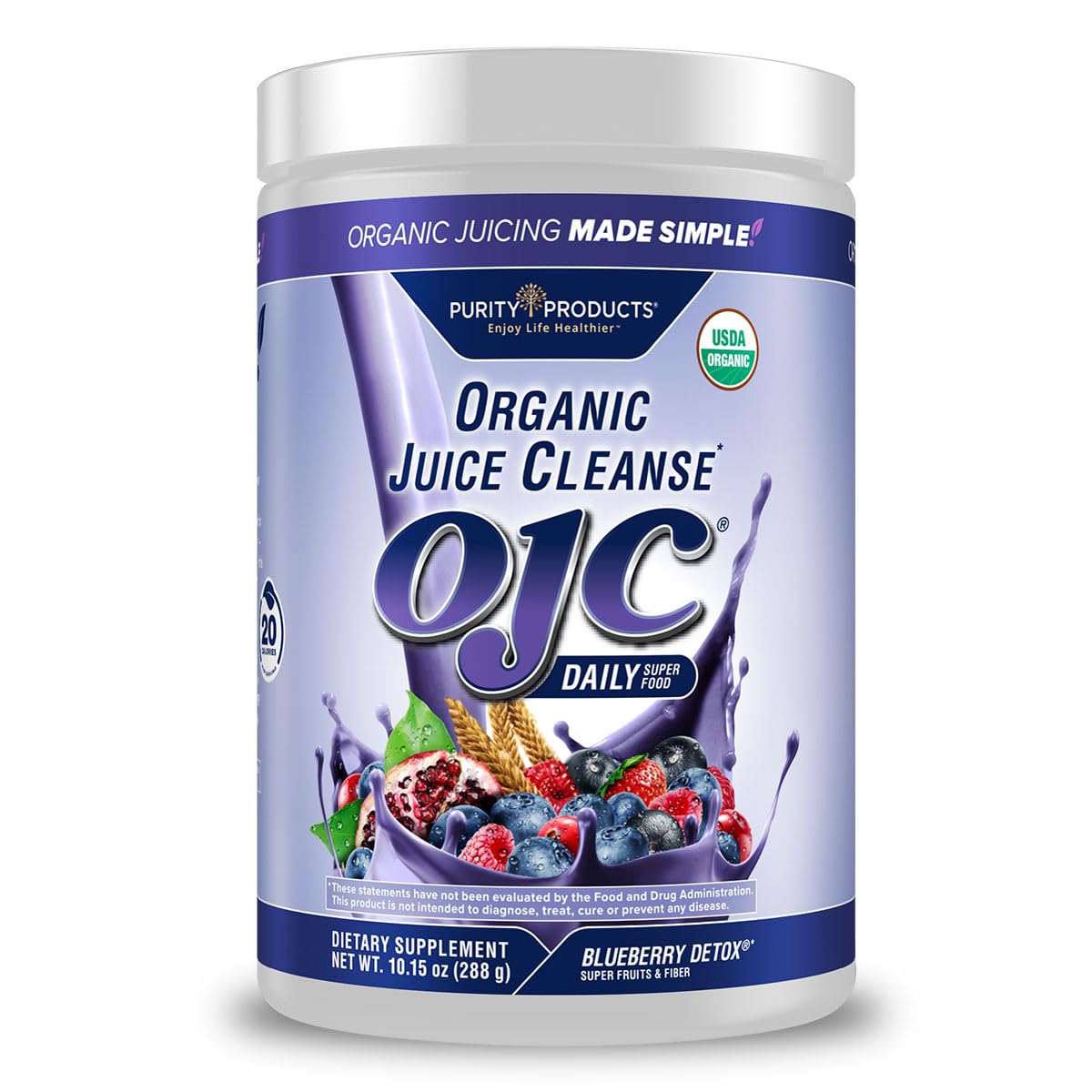 Purity Products OJC Blueberry Detox - Certified Organic Juice Cleanse Bloat + Gas Relief- Ft. OptiBiome Probiotics, Organic Super Fruits + 4 Grams