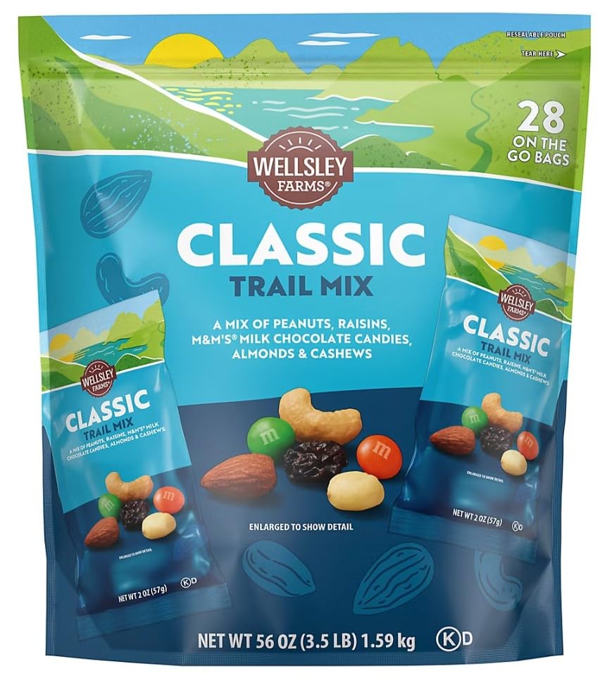 Wellsley Farms Premium Classic Trail Mix (28 Packages, 2oz each) Individual Snack Packs Bags