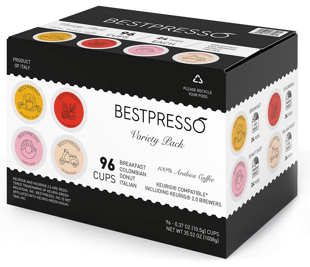 Bestpresso Coffee, Variety Pack Single Serve K-Cup Pods, 96 Count. Includes Breakfast, Colombian, Donut and Italian (Compatible With 2.0 Keurig