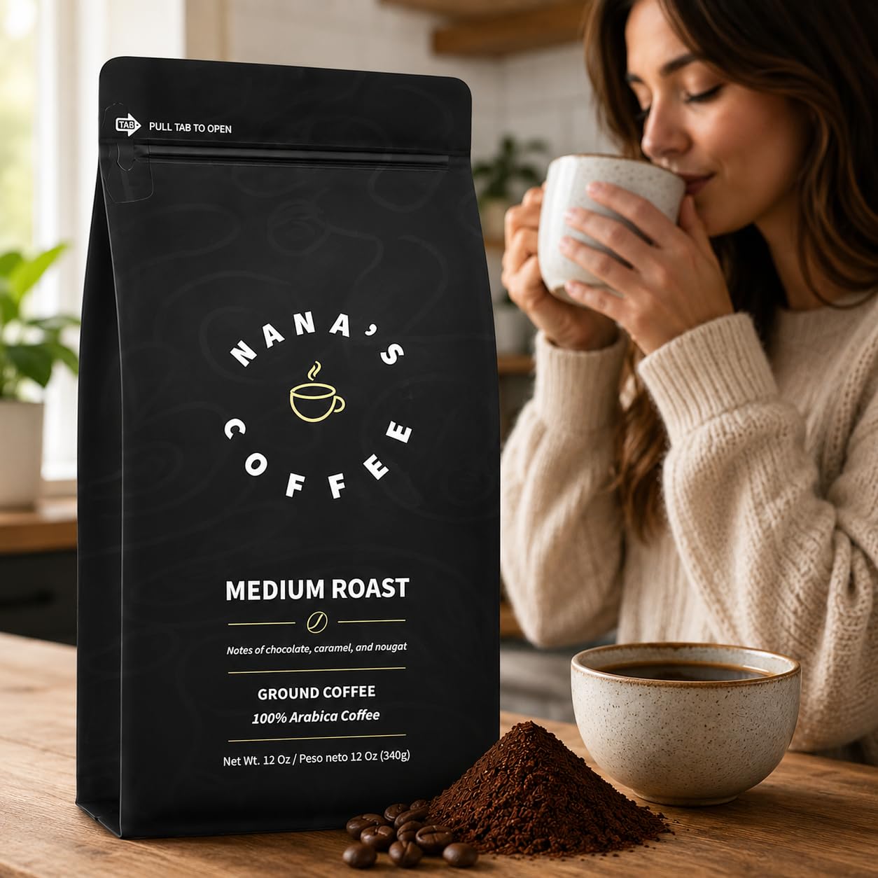 Nana's Coffee Low Acid Organic Ground Coffee 12 Oz - Single Origin Dominican Republic Medium Roast - Smooth & Stomach Friendly Specialty Coffee - 100%