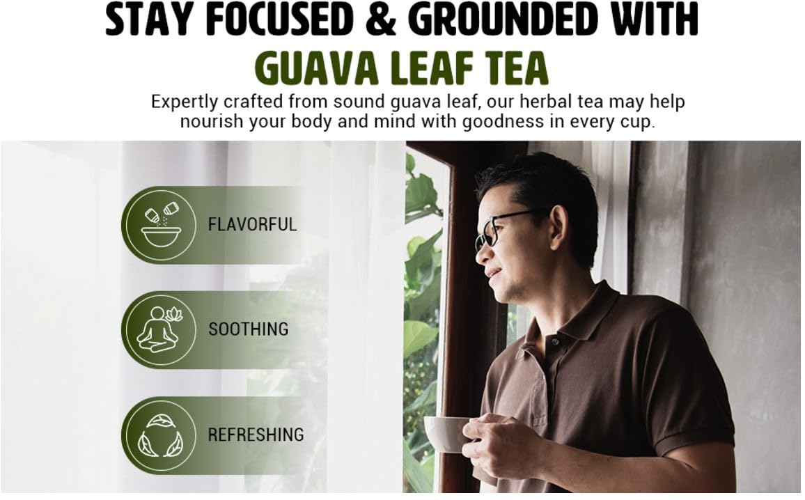 Guava Tea Bags, Dried Tender Leaves Tea, 30 Count, Pleasant Taste, Caffeine Free (Pack of 1)