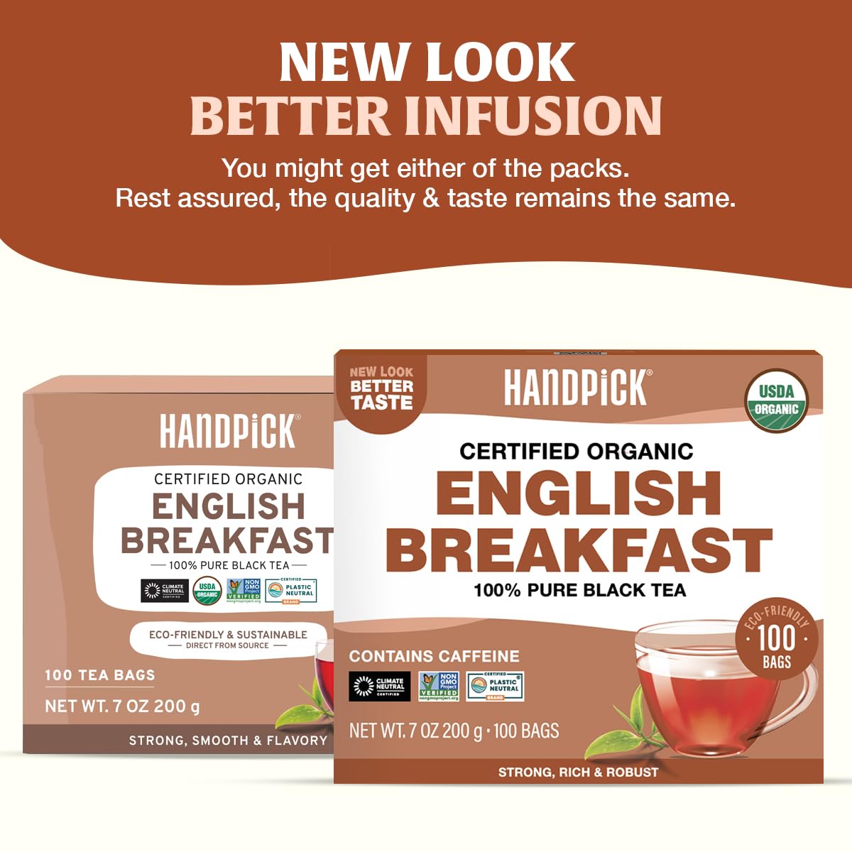 HANDPICK, Organic English Breakfast Black Tea Bags (100 Count) USDA Organic, Non-GMO | Strong, Robust, High-Caffeine Black Tea | Eco-conscious Tea