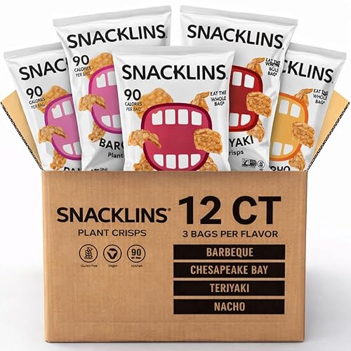 SNACKLINS Plant Based Crisps 4 Flavor Variety - Nacho, BBQ, Teriyaki, Chesapeake Bay - Gluten Free, Grain Free, 100% Kosher, Crunchy Puffed Snack Only
