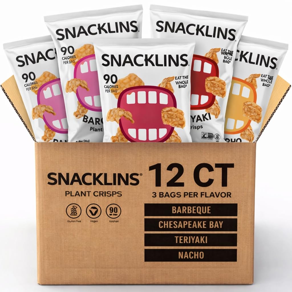 SNACKLINS Plant Based Crisps 4 Flavor Variety - Nacho, BBQ, Teriyaki, Chesapeake Bay - Gluten Free, Grain Free, 100% Kosher, Crunchy Puffed Snack Only