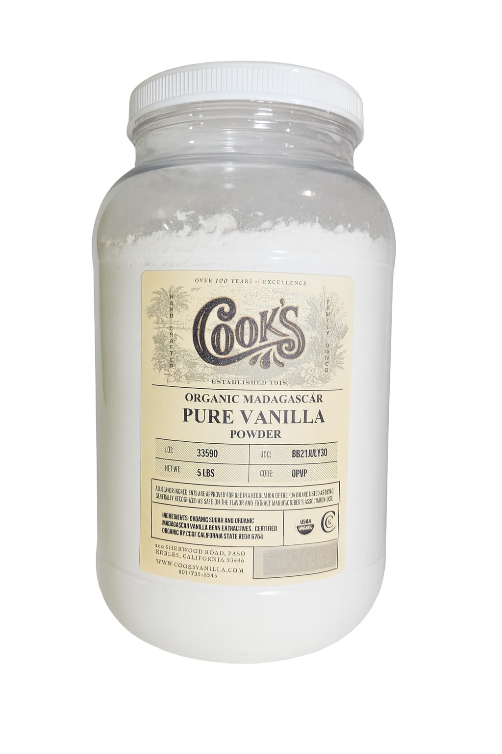 Cook’s, Organic Madagascar Vanilla Powder, World’s Finest Gourmet Fresh Premium Vanilla for Cooking, Baking, & Flavoring, 5 lb (80 Ounce)